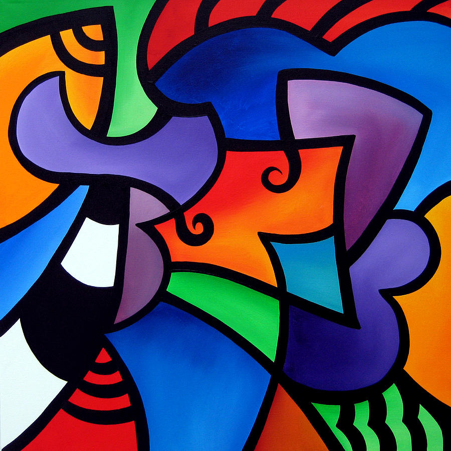 Colorful abstract pop art with bold geometric shapes and thick black outlines in red, blue, orange, purple, and green