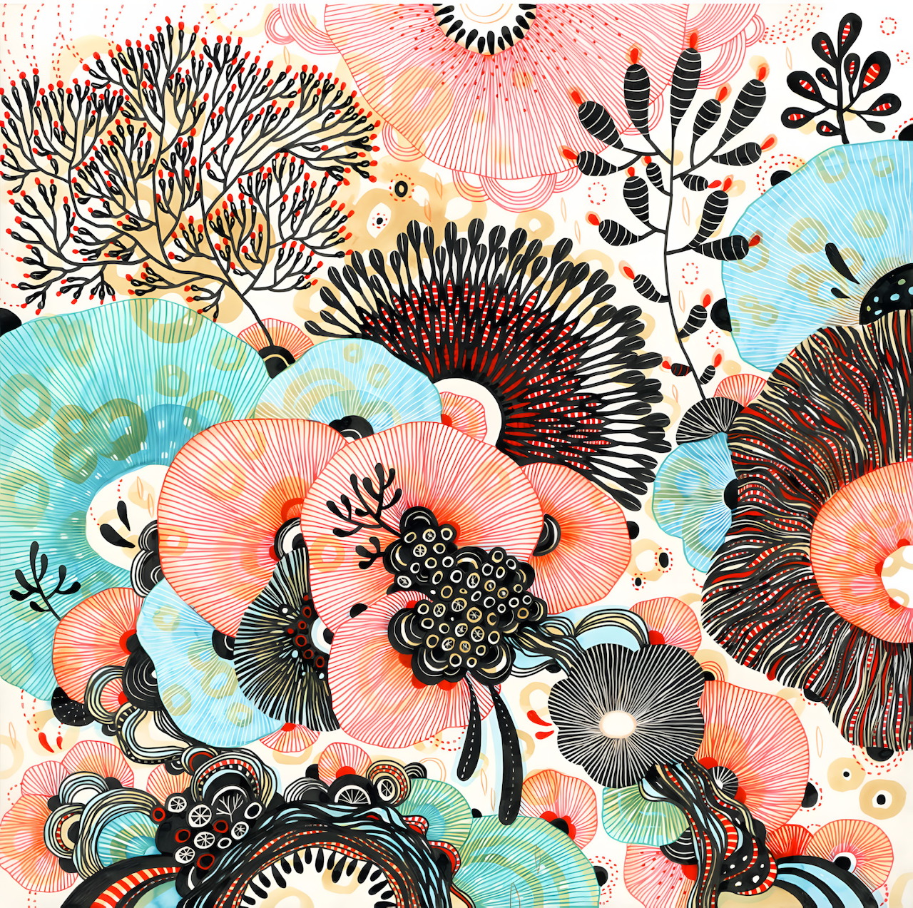 Abstract floral painting with coral and turquoise botanical shapes and intricate black line patterns