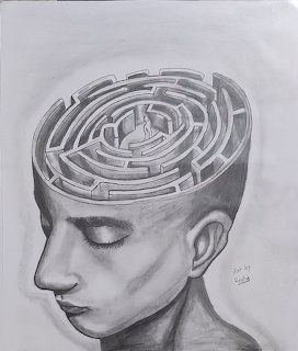 Pencil drawing of a human head with a maze labyrinth inside the open skull, eyes closed in profile view