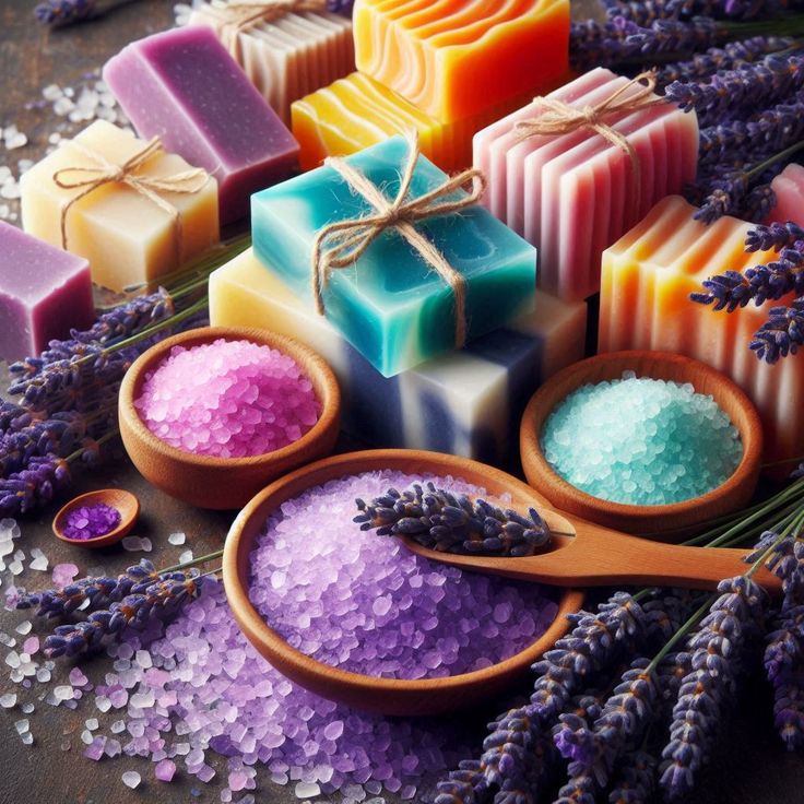 Colorful handmade soap bars and bath salts in wooden bowls surrounded by lavender sprigs