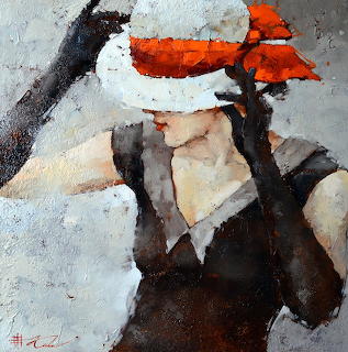 Impressionistic painting of woman in orange hat and light dress with loose brushwork