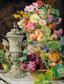 Classical still life painting with silver urn, vibrant flowers, and assorted fruit on marble table