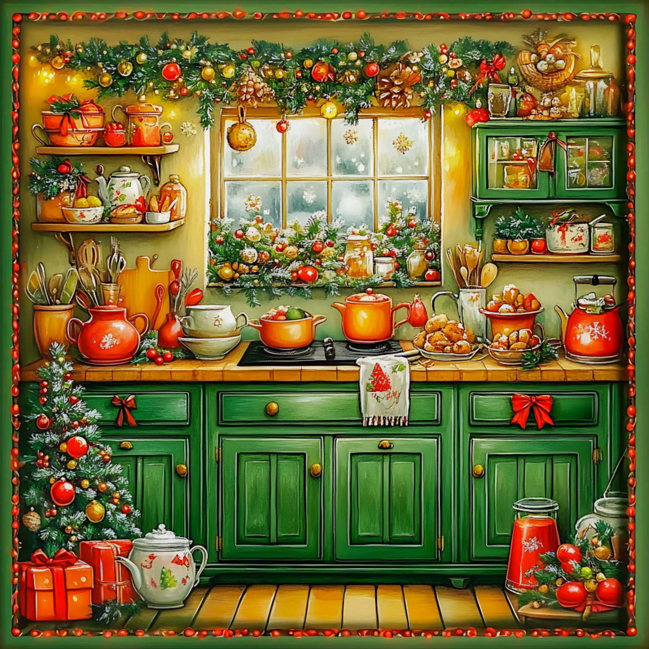 Festive green kitchen with Christmas garlands, ornaments, gifts, and cooking pots by a snowy window