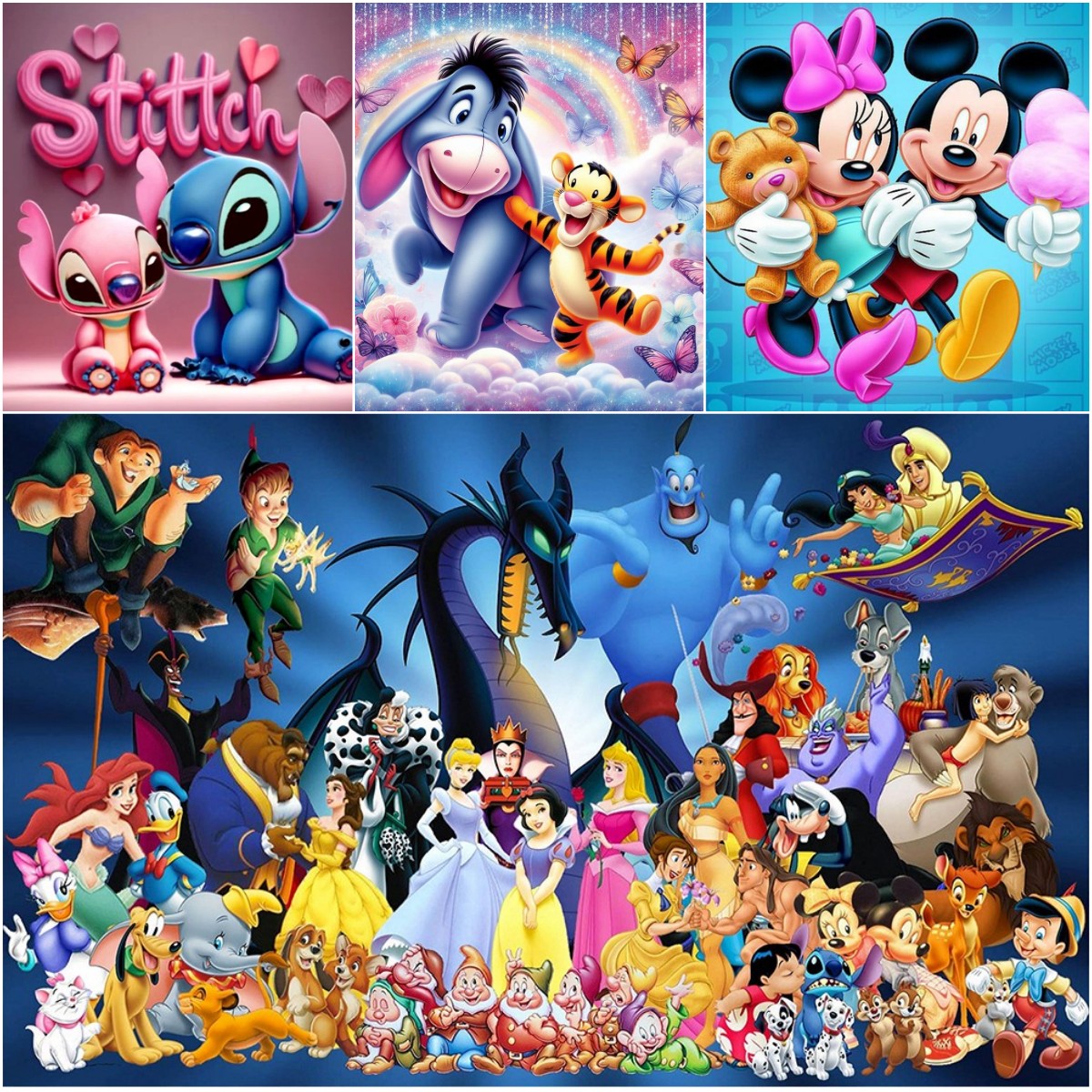 Bright collage of Disney animated characters including princesses, Mickey Mouse, Stitch, and other classic favorites