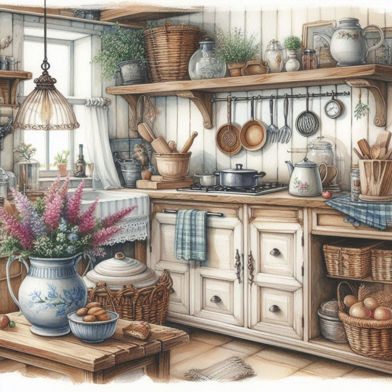 Painted rustic country kitchen with shelves, copper pans, pottery, flowers, and baskets