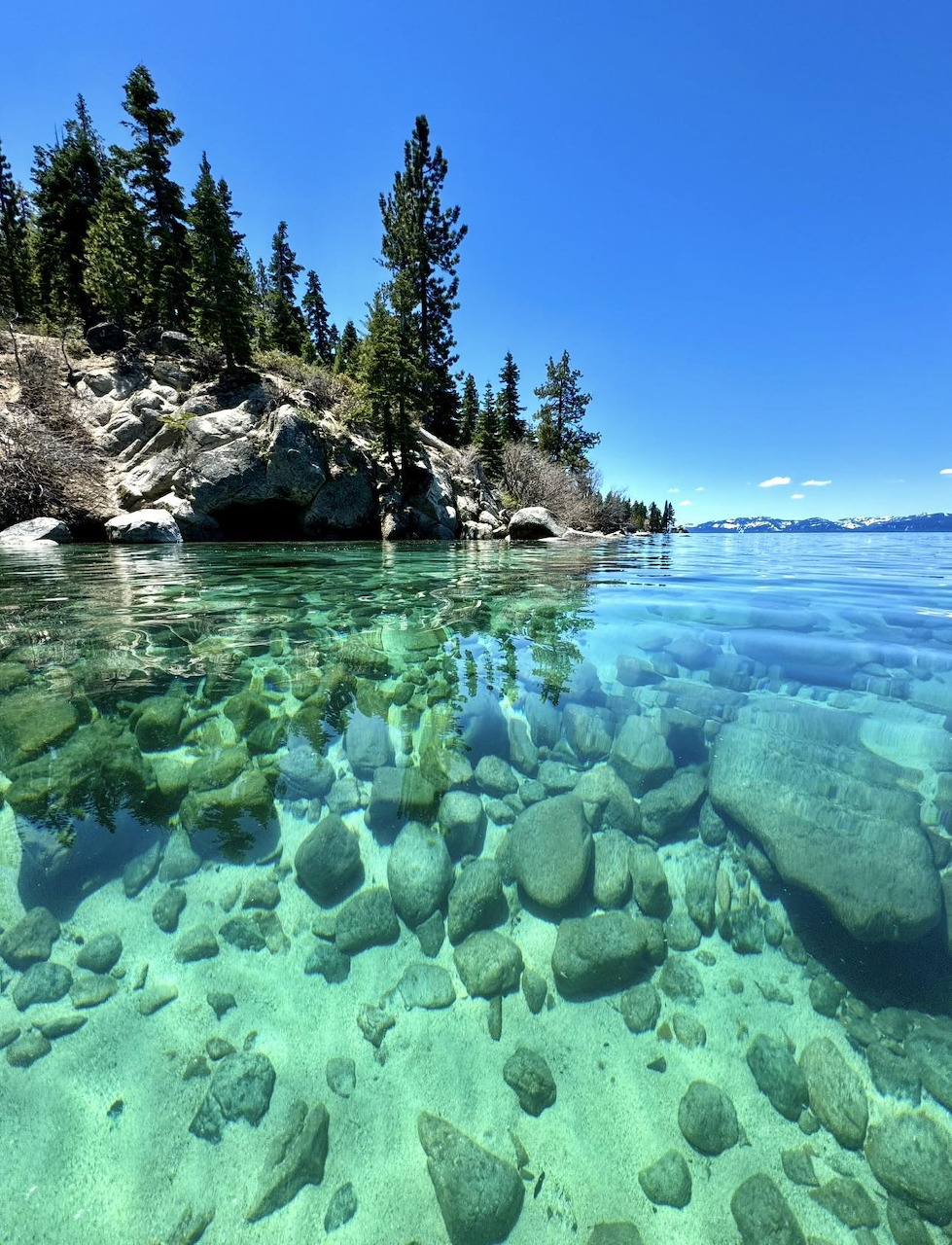 Clear turquoise lake water with visible rocky bottom, pine trees on rocky shore, and blue sky