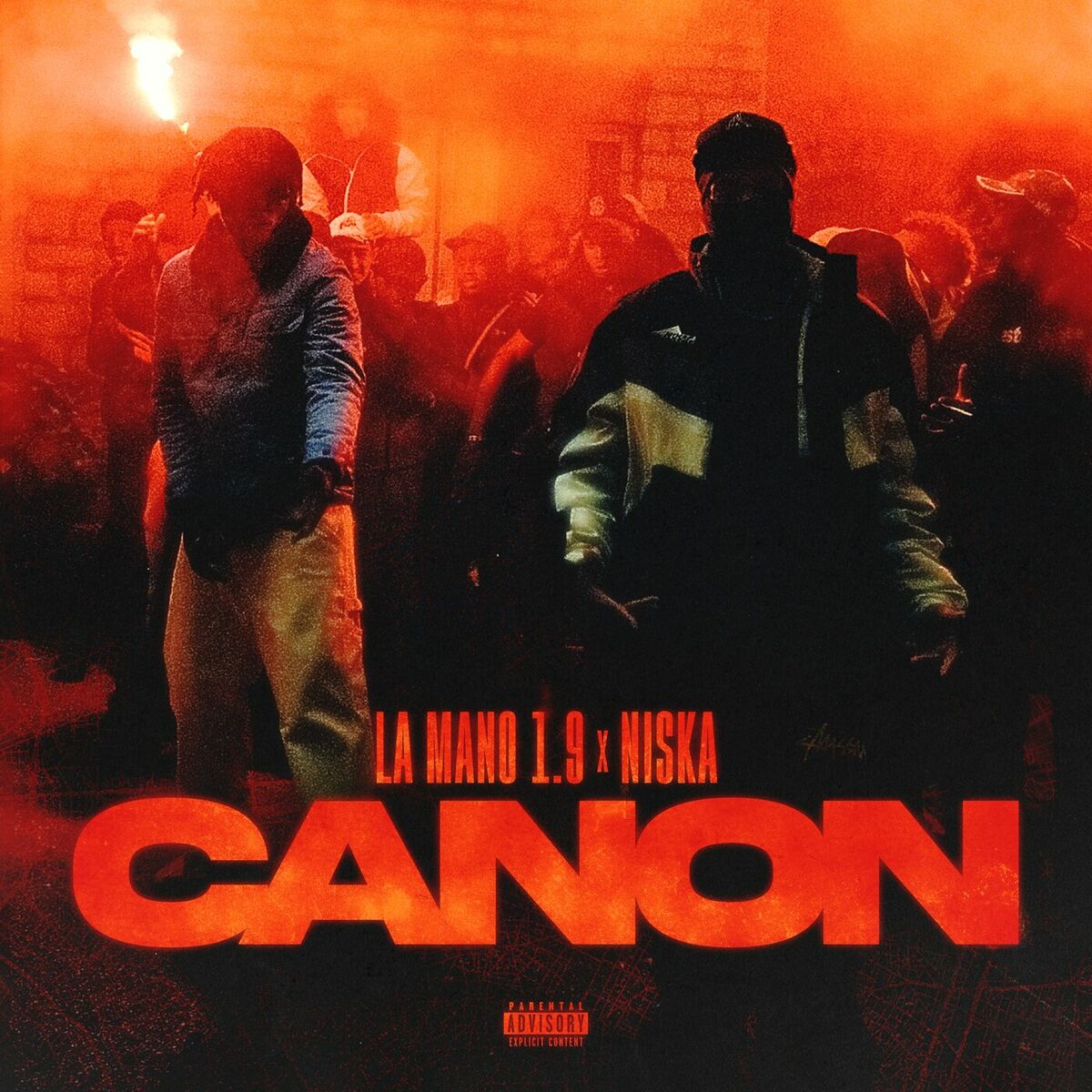 Album cover with silhouetted people in a smoky red-orange scene and large CANON text