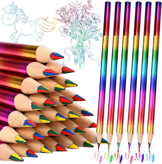 Rainbow colored pencils arranged in stacked and vertical rows with line art drawings on a white background