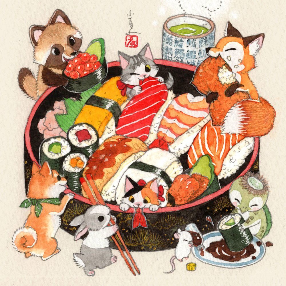 Cute illustrated animals including raccoon, fox, rabbit and cat gathered around a bowl of chirashi sushi with salmon and toppings