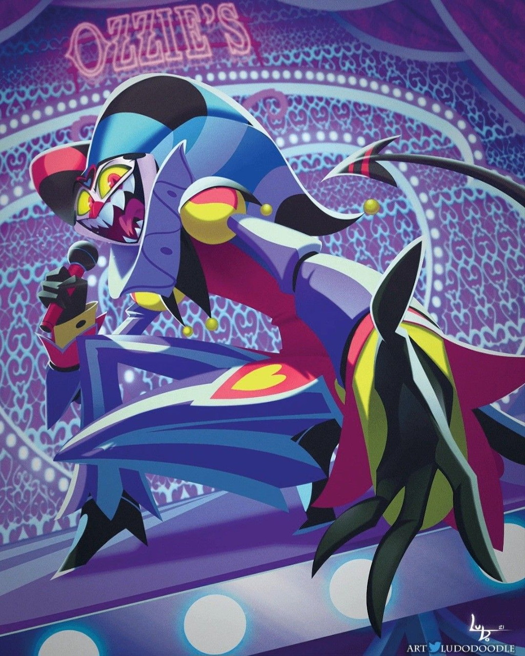 Animated jester character in blue costume with horns performing energetic pose on purple circus stage