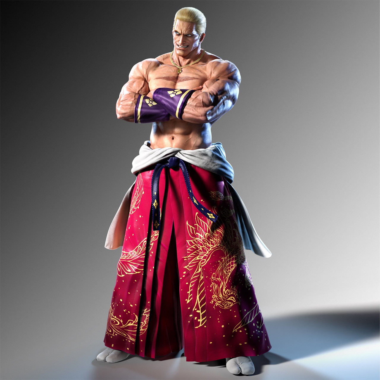 Full-body render of Geese Howard with crossed arms in red patterned pants on a gray background.