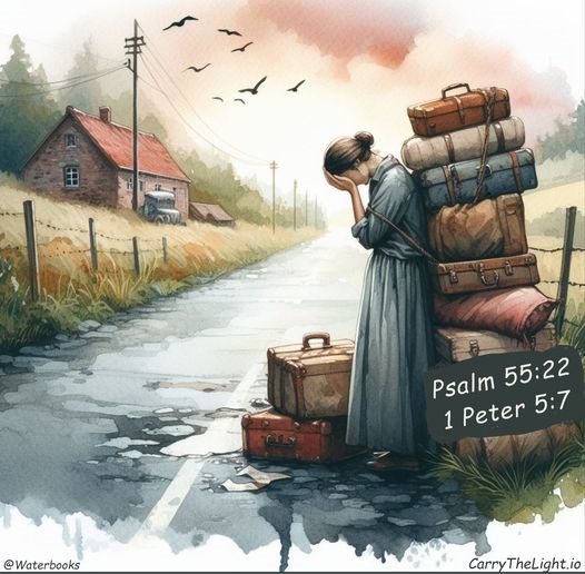 Watercolor illustration of a woman carrying heavy stacked luggage on a country road near a farmhouse
