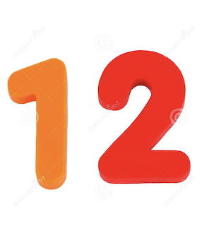 3D plastic orange number 1 and red number 2 on white background