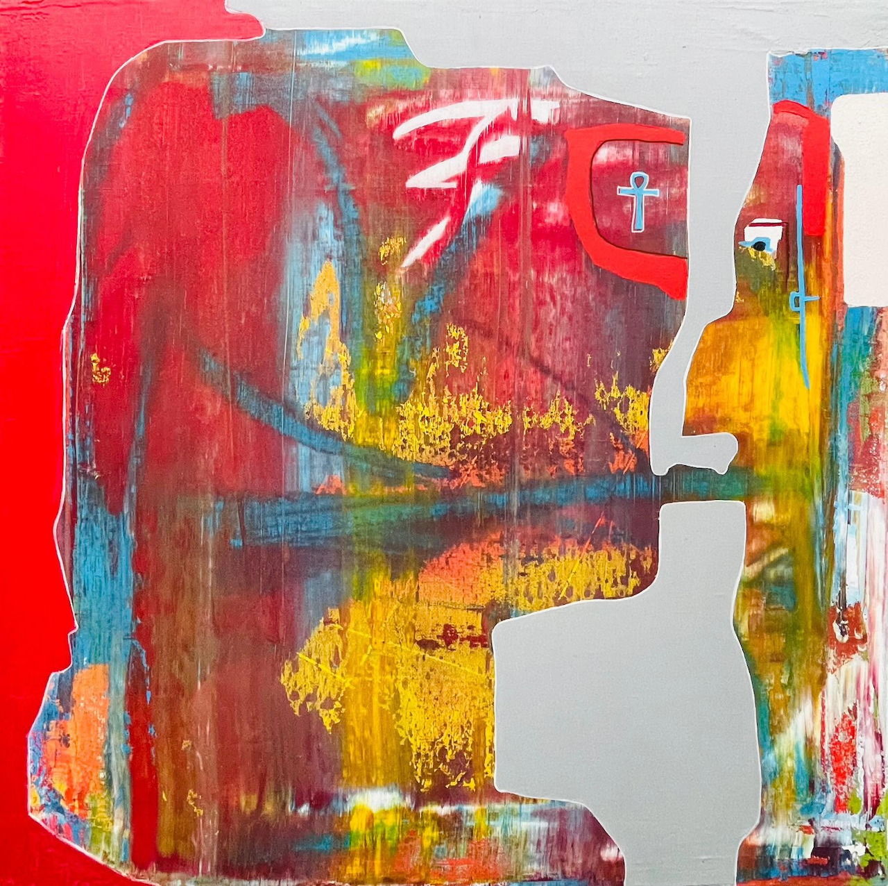 Abstract painting of two colorful human side profiles facing each other