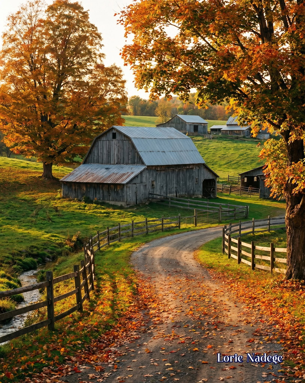 Red barn in a rural countryside landscape