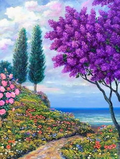 Painting of a coastal pathway with purple bloming tree, cypress trees, and colorful flower gardens by the sea