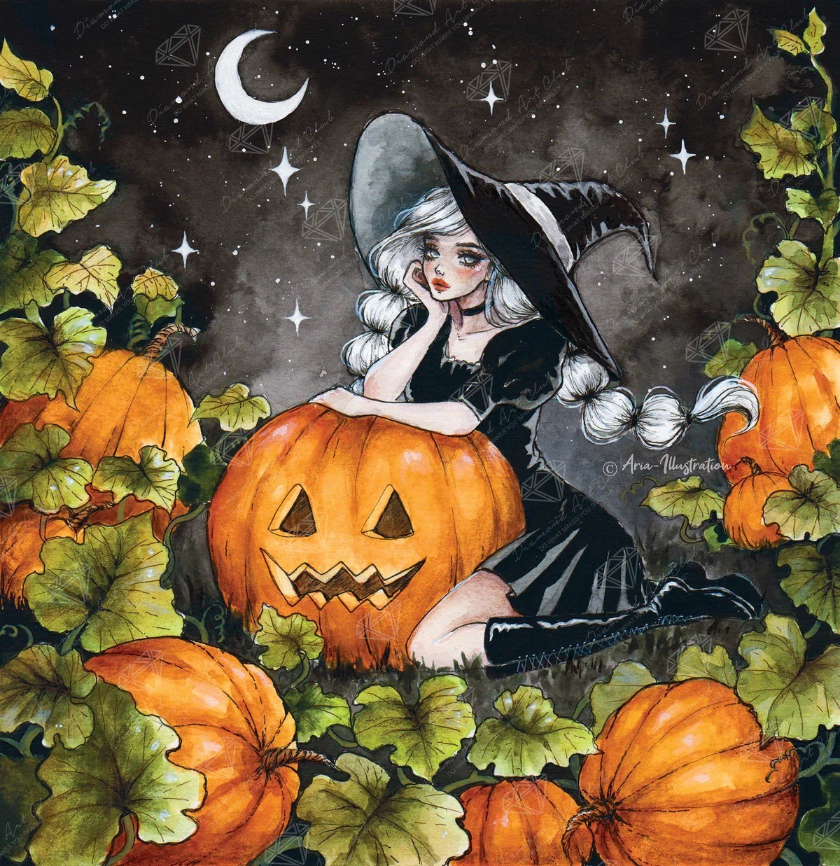 Witch in black hat sitting with glowing jack-o'-lanterns surrounded by autumn leaves and stars