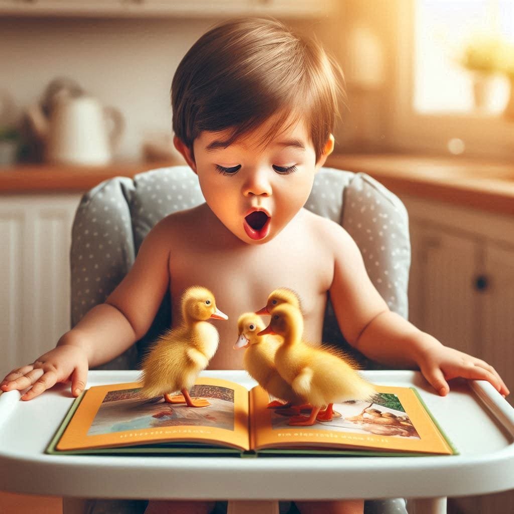 Surprised baby in a high chair watching two ducklings on an open book