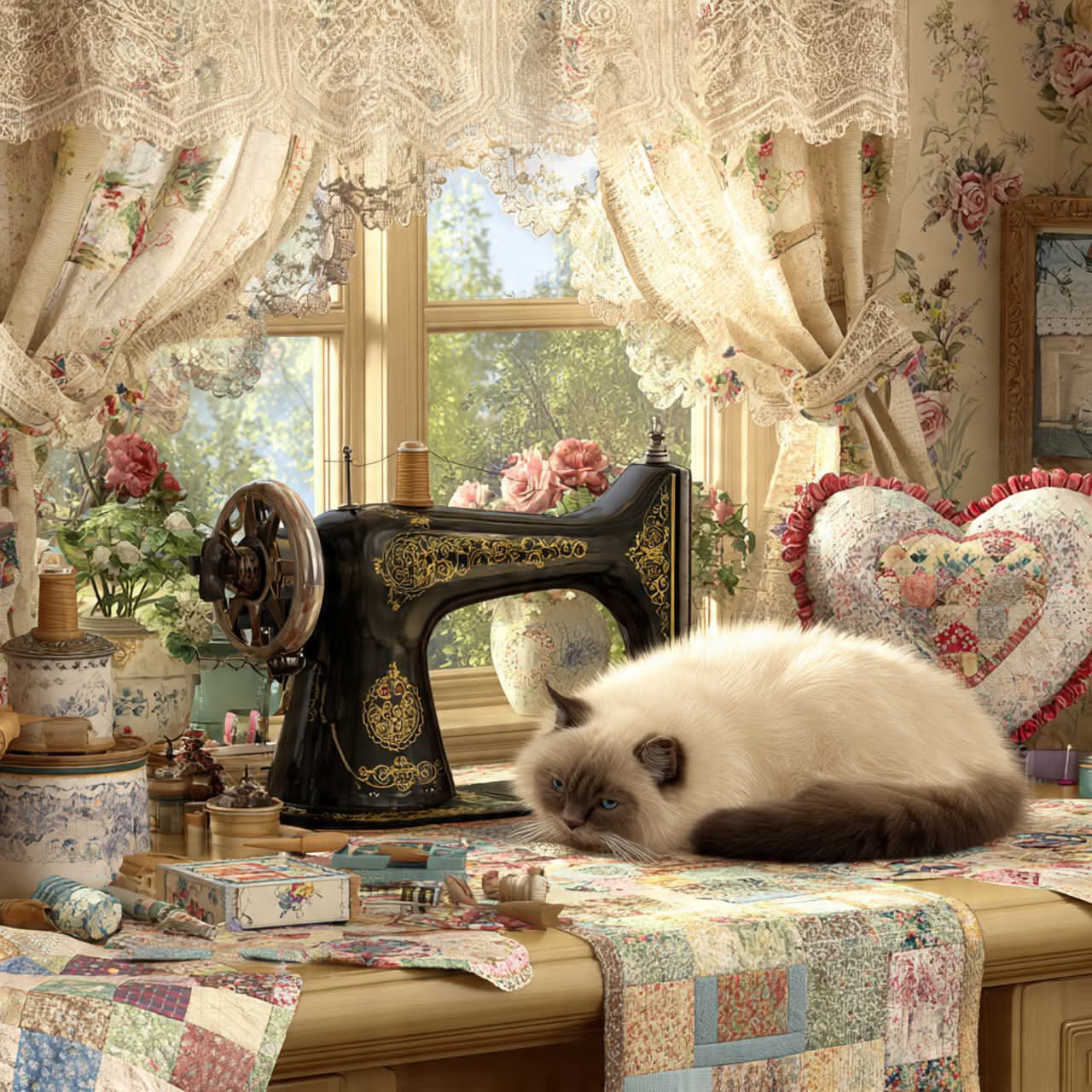 Fluffy ragdoll cat sleeping beside a vintage sewing machine on a patchwork table by a floral window