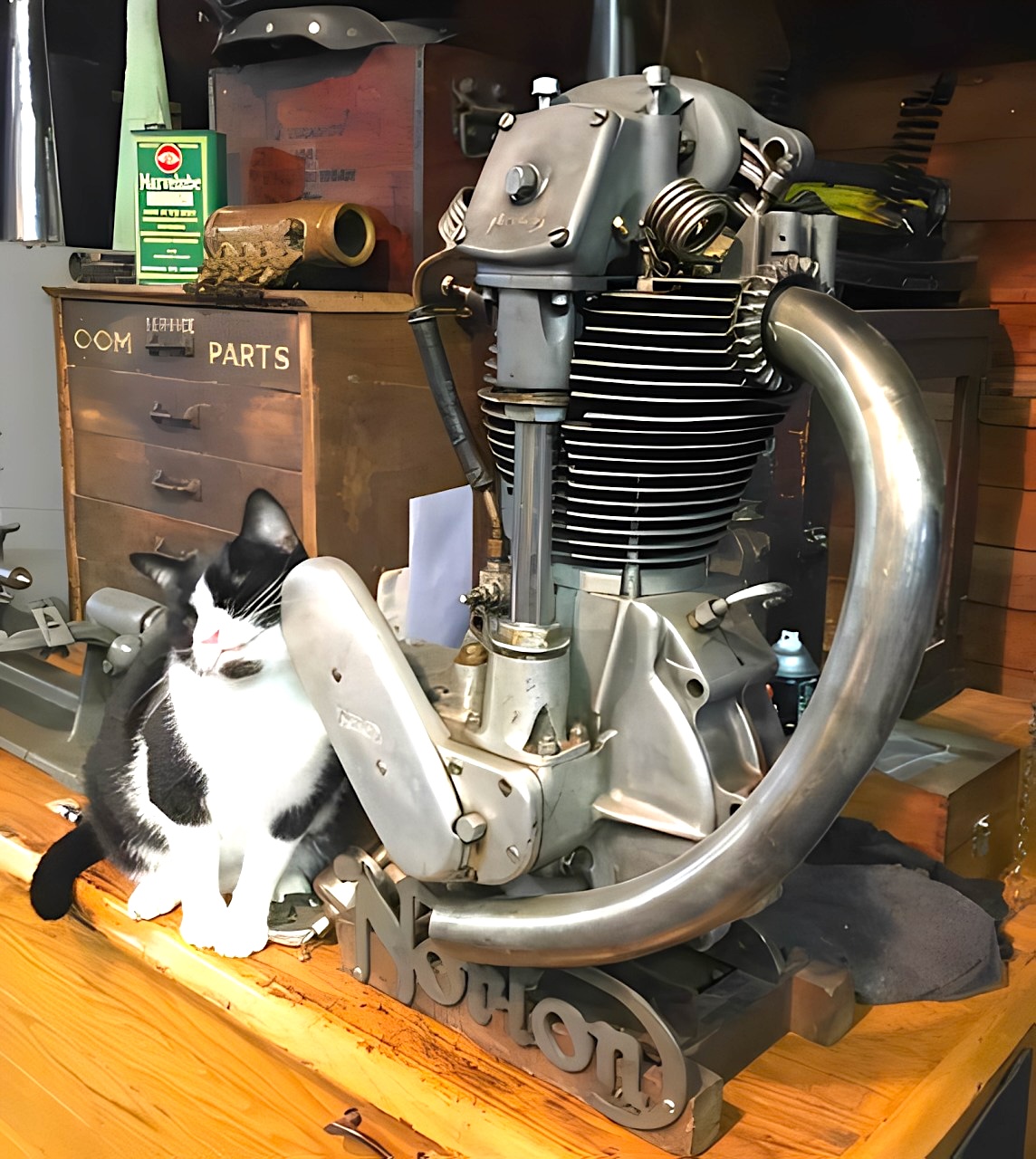 Vintage Norton motorcycle engine with a black and white cat beside it indoors