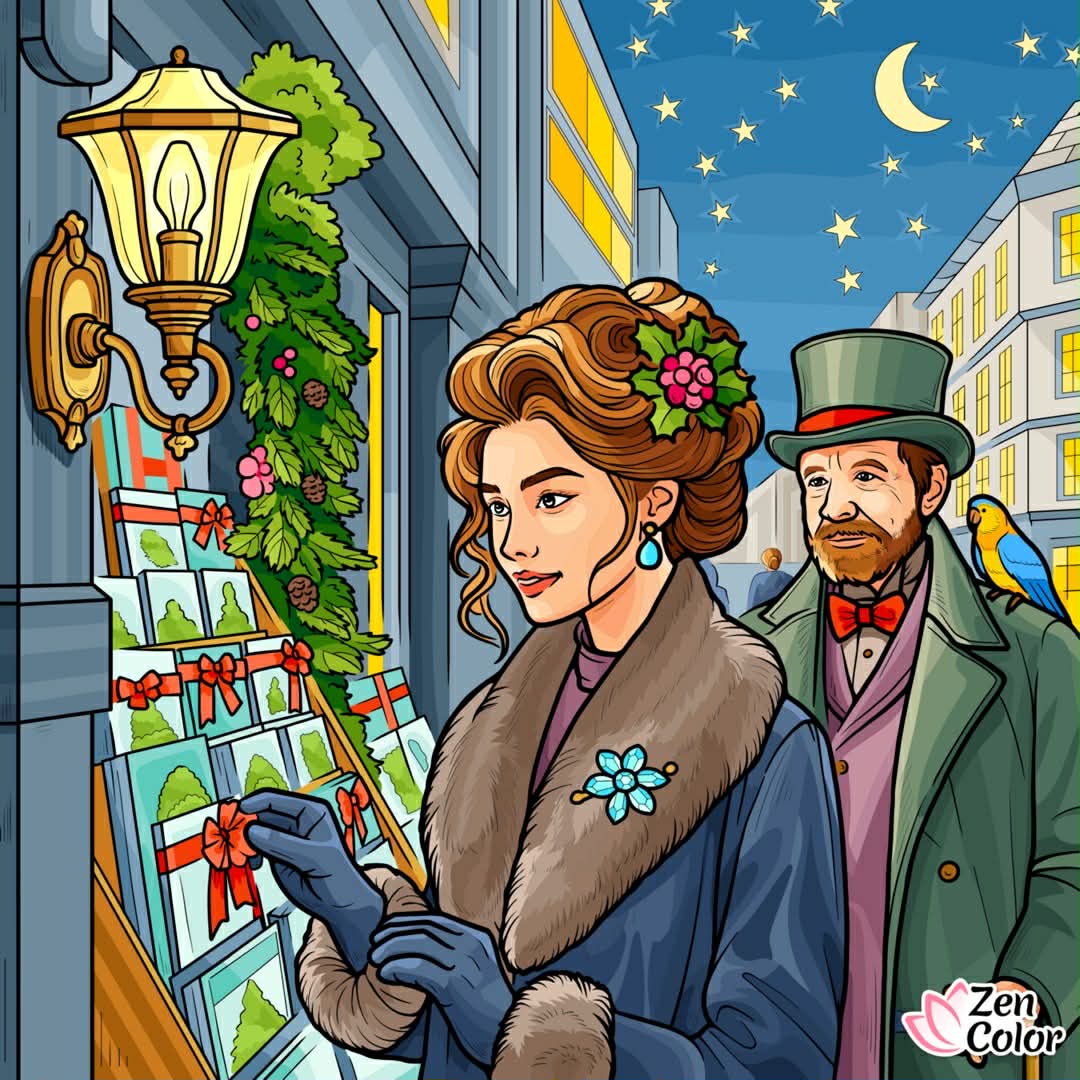 Victorian woman and man in formal attire viewing decorated Christmas shop window at night