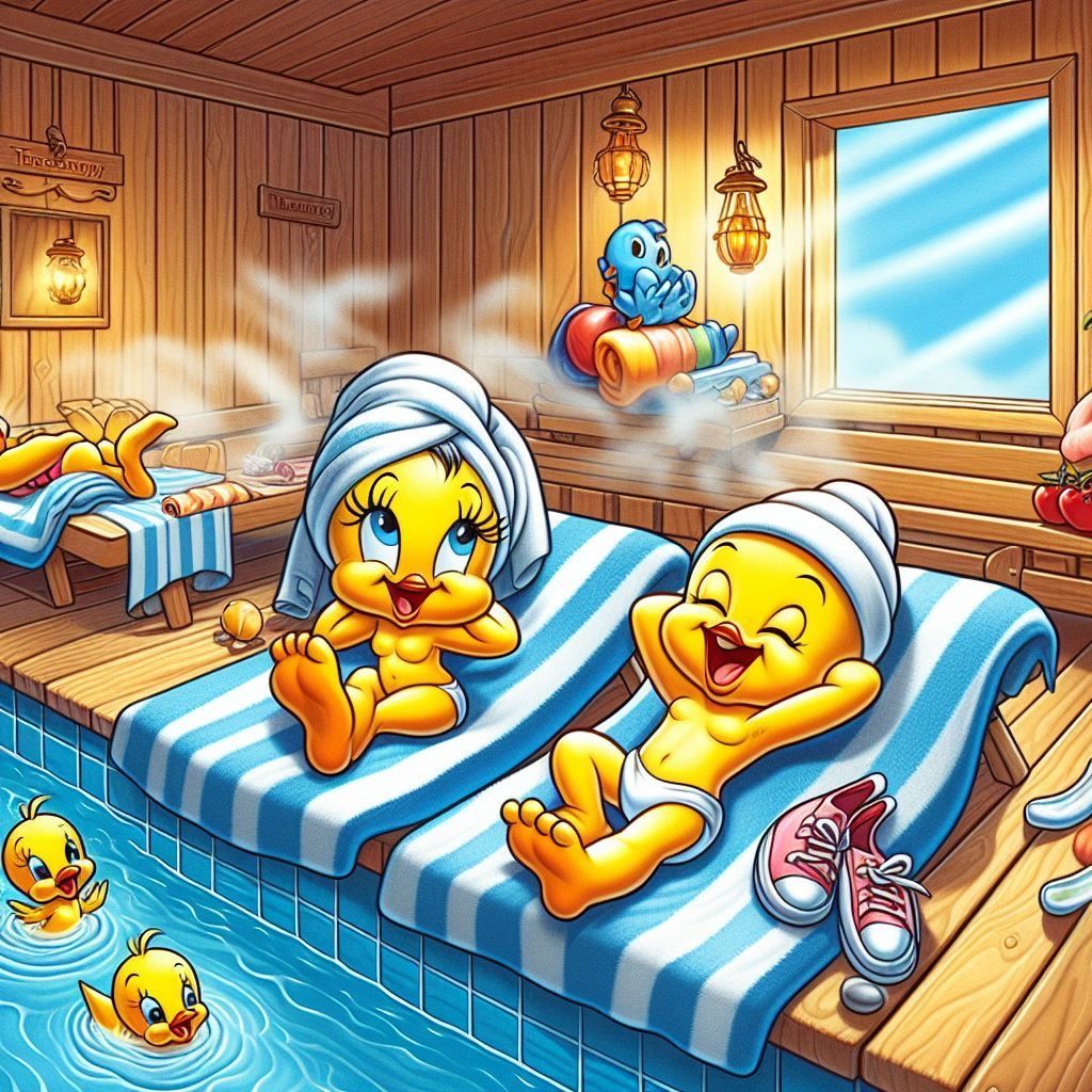 Three cartoon yellow ducks relaxing on blue striped lounge chairs in a wooden spa sauna with steam and lanterns