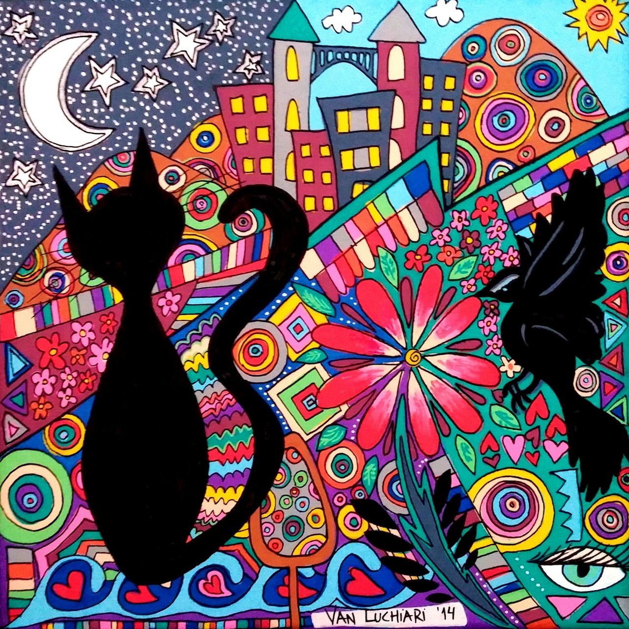 Black cat and hummingbird silhouettes on psychedelic patterned background with buildings, moon, sun, and colorful designs
