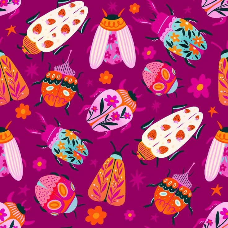 Colorful illustrated bugs and moths on a magenta patterned background
