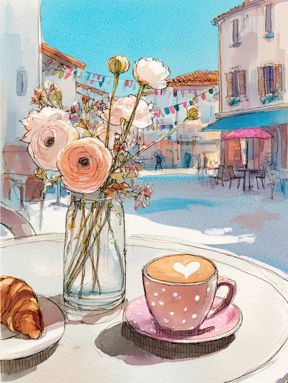 Illustration of a latte in a pink cup with a croissant and flower vase on a café table with a sunny European plaza behind