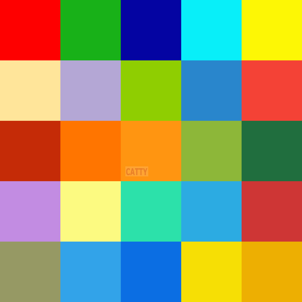 Grid of 25 colorful squares in red, blue, green, yellow, orange, and other bright colors arranged in 5 rows and 5 columns