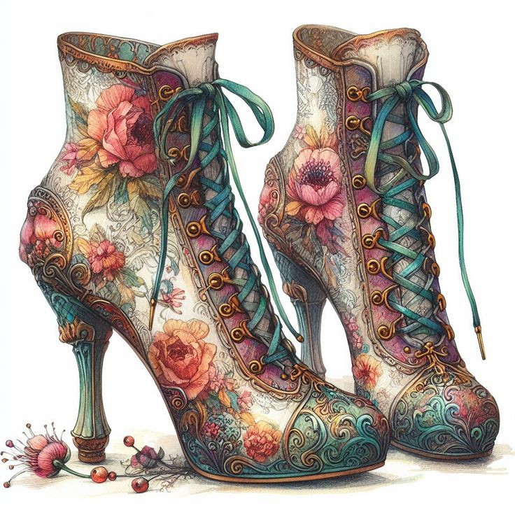 Pair of ornate heeled boots decorated with pink and orange roses, teal laces, and vintage floral embellishments