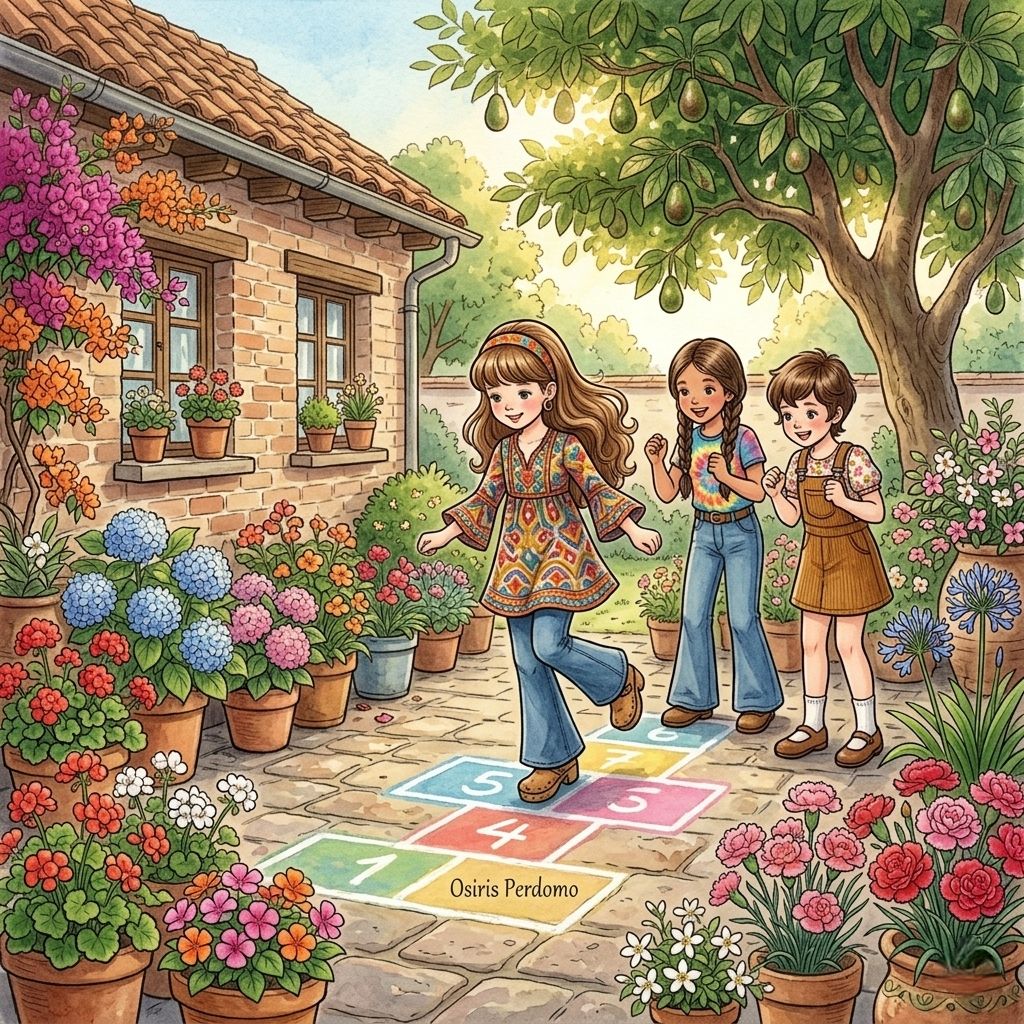 Three children playing hopscotch on a sunny patio with flowerpots, a tree, and a rustic cottage in the background