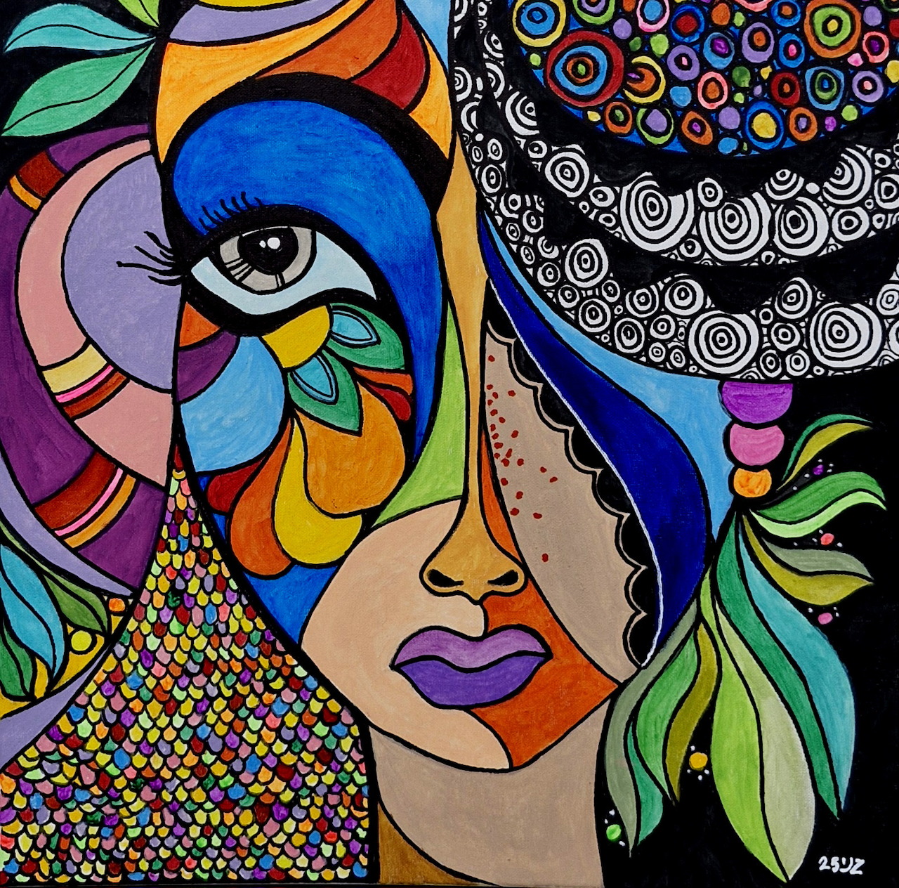 Colorful abstract portrait of woman with geometric patterns and swirls