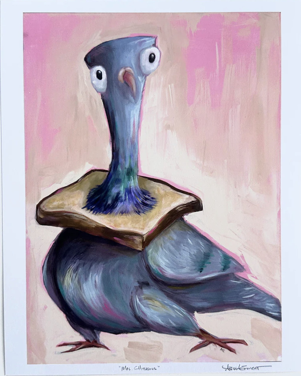 Humorous painting of a gogle-eyed pigeon holding bread in its beak on a pink background