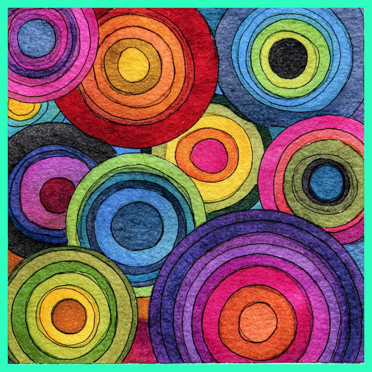 Abstract art with overlapping colorful concentric circles in rainbow hues on dark background