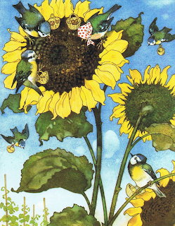 Illustration of small birds perched on large yellow sunflowers against a blue sky