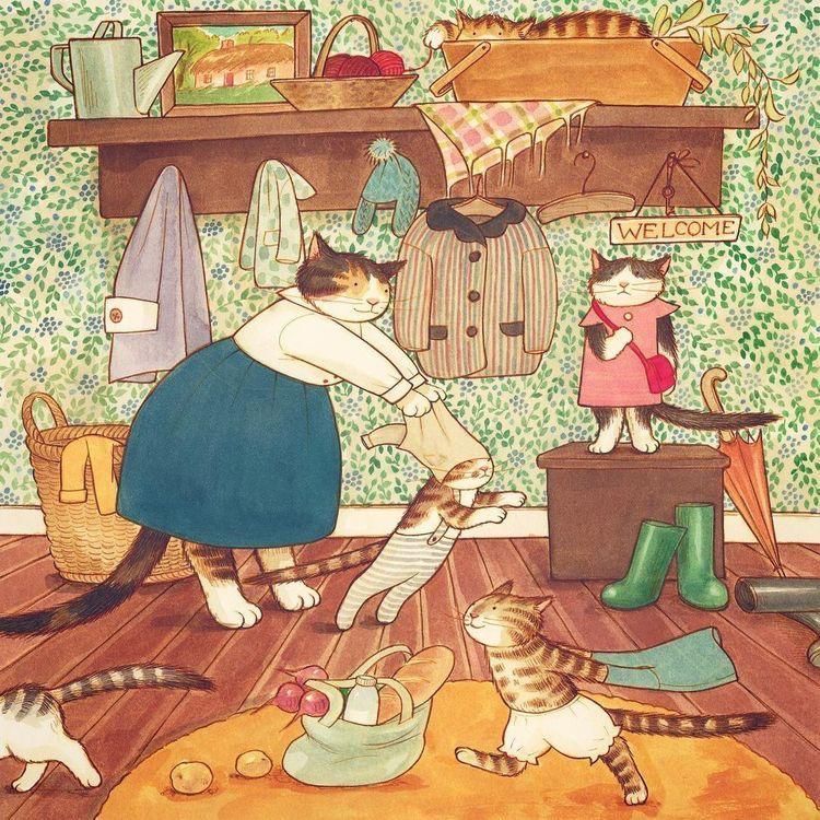 Illustrated kitchen with woman cooking and several cats relaxing on patterned floor