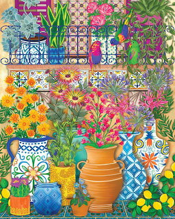 Vibrant illustration of Mediterranean garden terrace with colorful pottery, flowers, and decorative tiles
