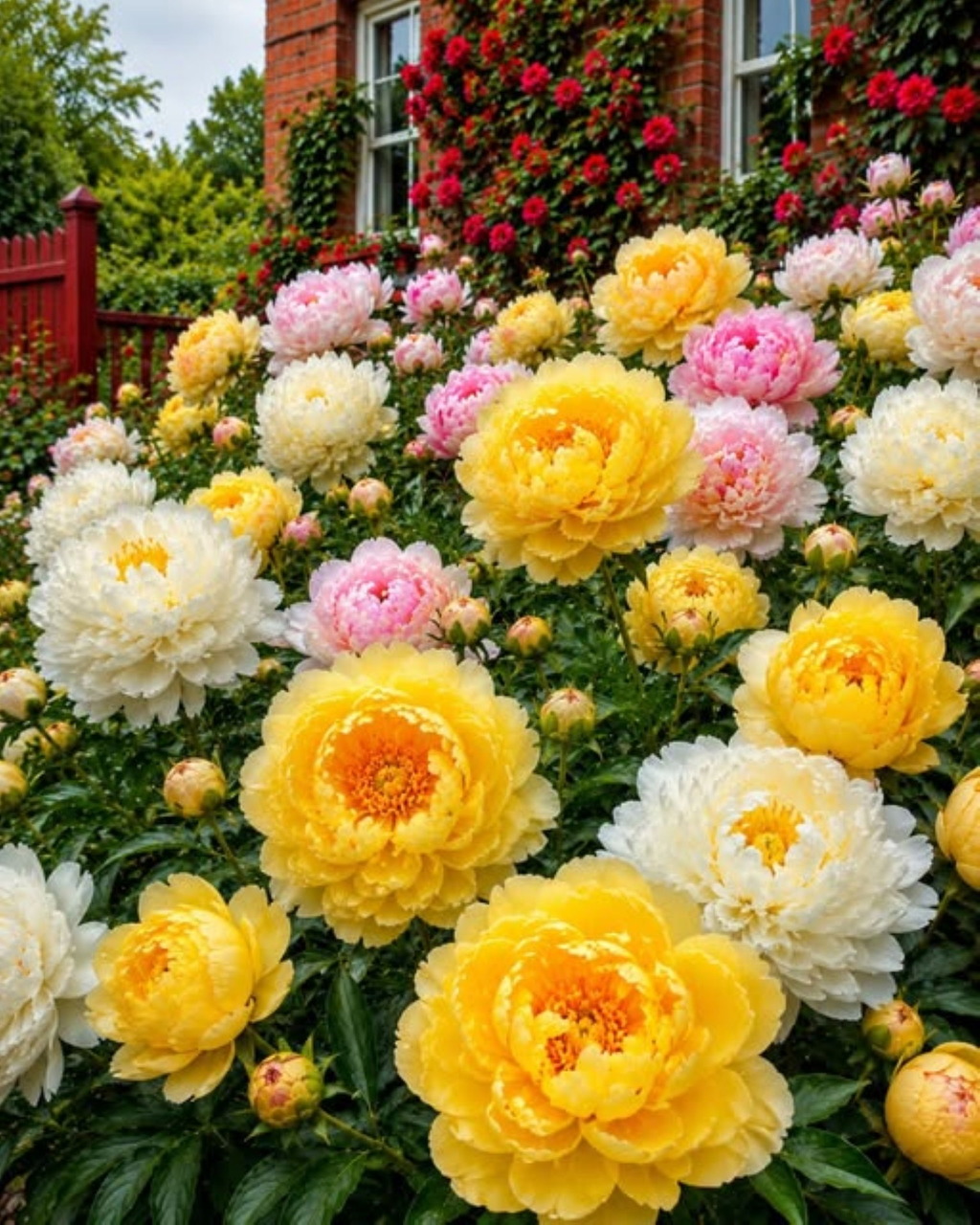 Lush garden filled with blooming yellow, white, and pink peonies near a brick building