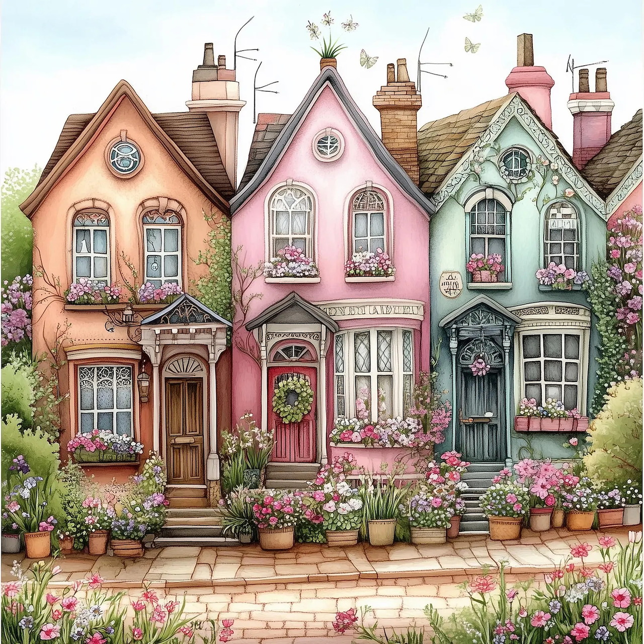 Row of three pastel Victorian cottages with flowers and gardens in watercolor style