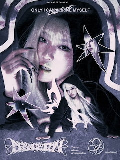Ningning from aespa in a dark concept photo with star graphics and text overlays for Armageddon album
