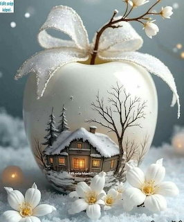 White apple ornament with a snowy cottage scene, bare tree, and white flowers