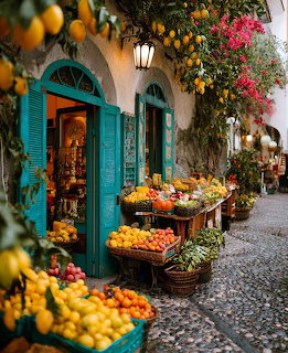 Colorful Italian fruit shop with turquoise doors, fresh produce displays, lemon trees and flowering vines