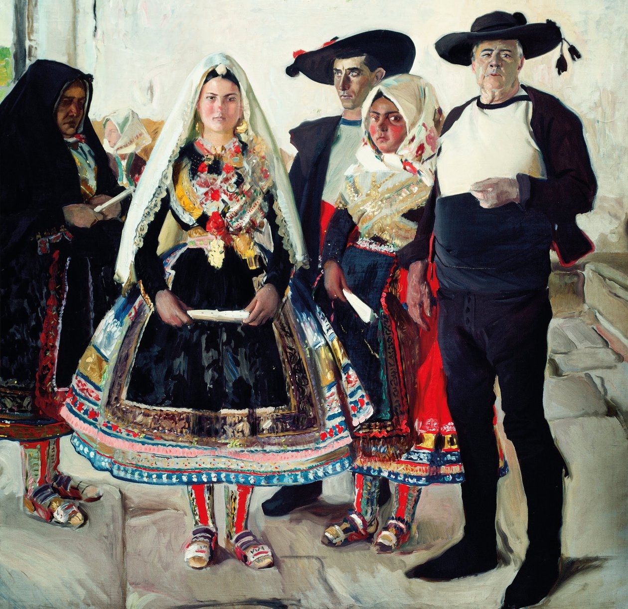 Painting of people wearing traditional Spanish folk costumes with embroidered details and wide-brimmed hats