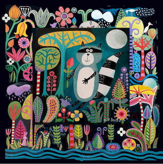 Whimsical raccoon with heart eyes amid colorful stylized flowers and plants on dark teal background