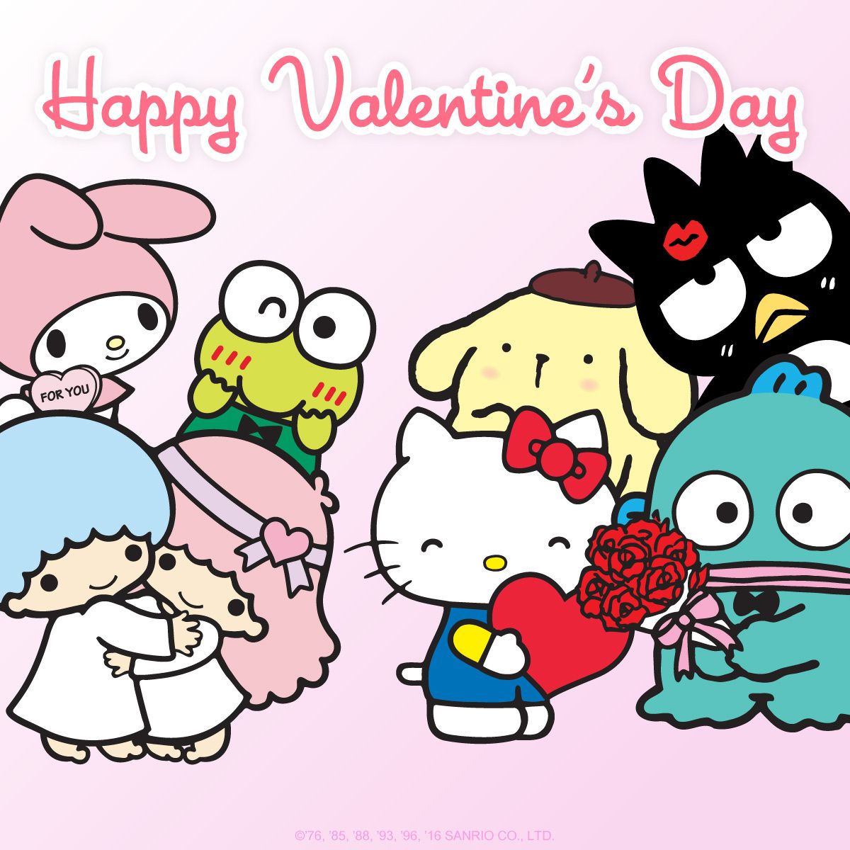 Sanrio characters Hello Kitty, My Melody, and friends celebrating Valentine's Day with hearts and roses