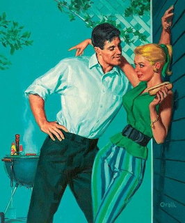 Vintage illustration of a man flirting with a blonde woman near a barbecue in a backyard setting