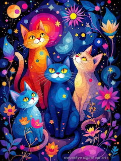 Four colorful cartoon cats in orange, blue, and lavender under a starry night sky with flowers and a crescent moon