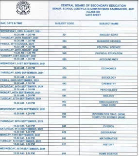 CBSE Senior School Certificate Compartment Examination 2021 date sheet with subject codes and dates