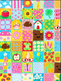 Colorful patchwork quilt pattern with cartoon animals, flowers, sun, and playful motifs in bright squares